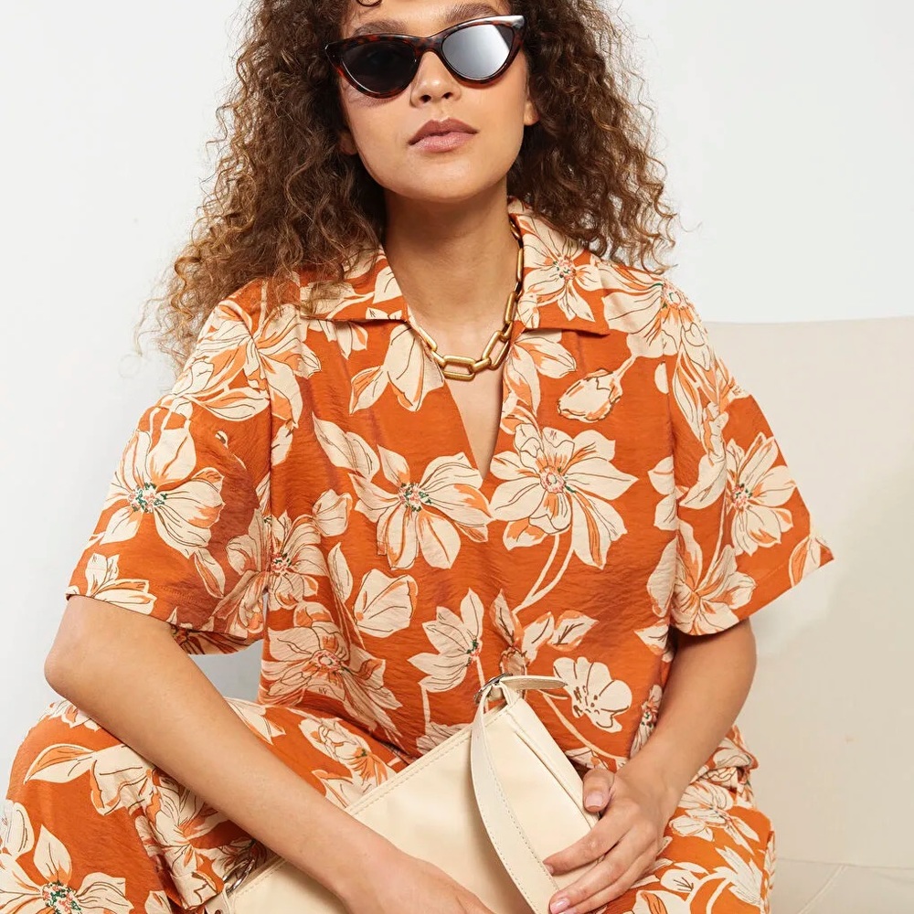 LC Waikiki Orange Tropical Collared Shirt, 44